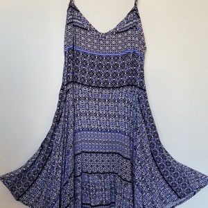 Black Blue and White pattern midfit flare dress